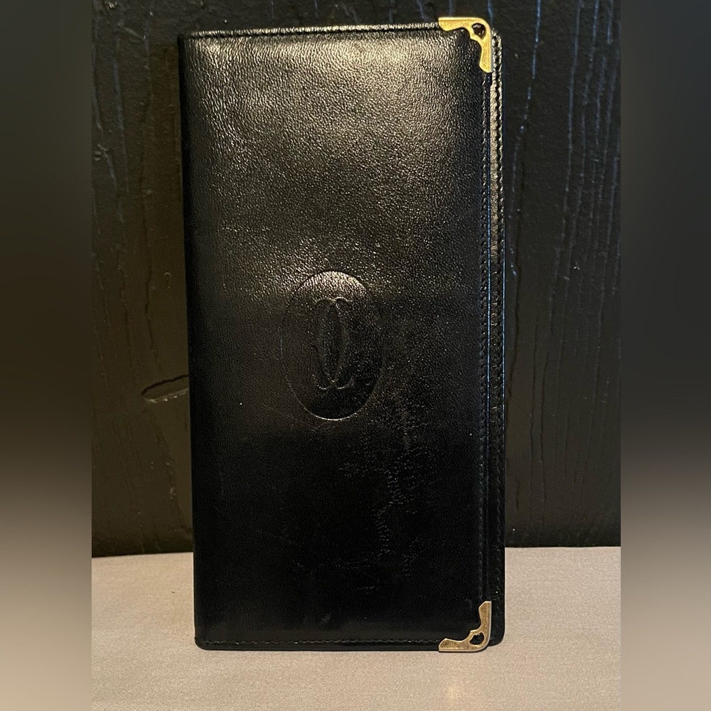 EUC 100% Authentic Cartier Paris Black Leather Long Wallet with Gold Corners